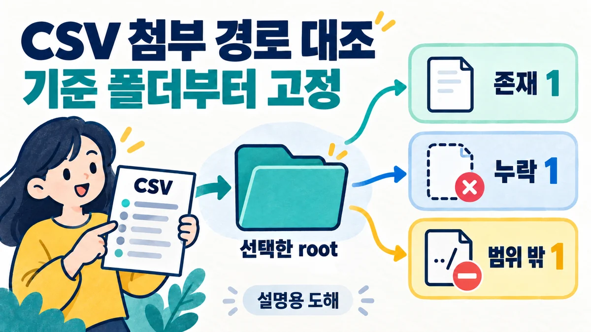 합성 CSV 첨부 참조를 직접 선택한 root 기준으로 존재 1·누락 1·범위 밖 1로 나누는 설명용 도해. 실제 앱 실행 화면이 아닙니다.