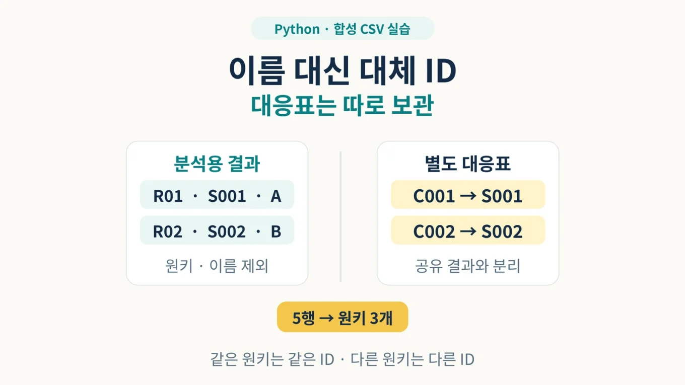 분석용 결과 R01·S001·A와 별도 대응표 C001→S001을 서로 분리해서 저장하는 설명용 도해.