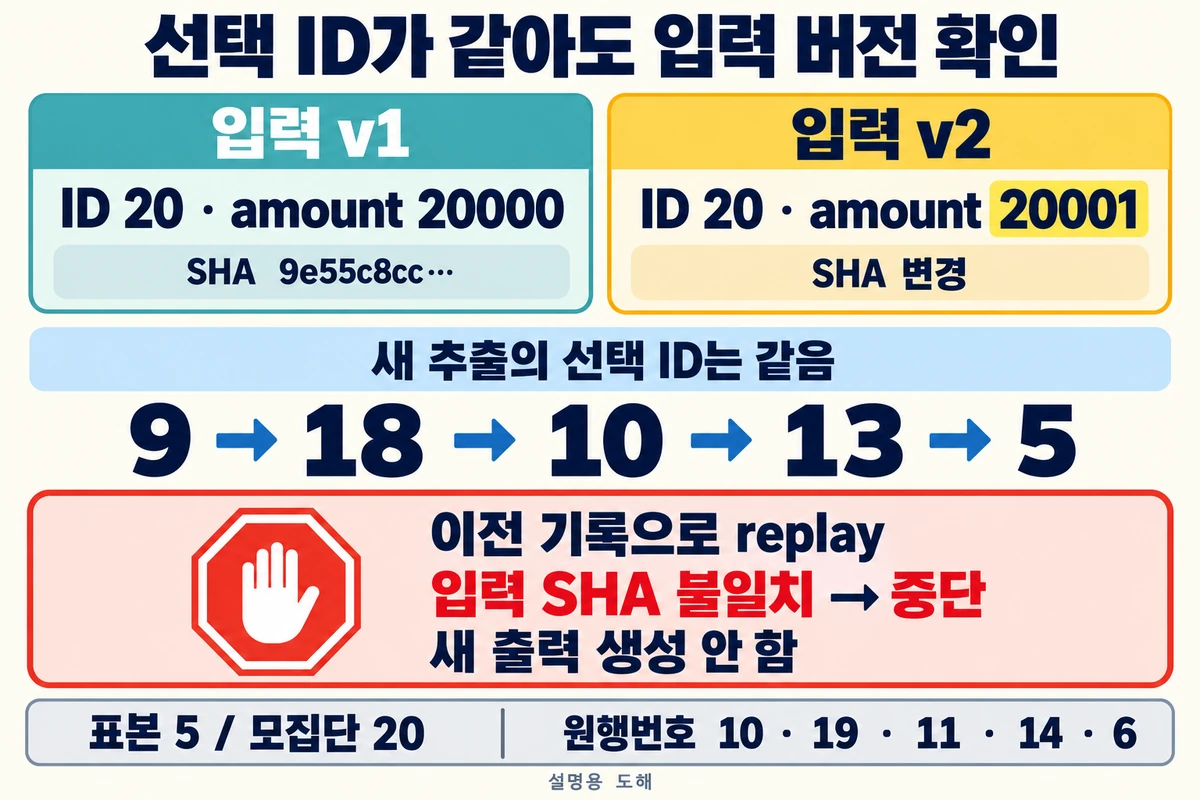 선택 ID가 같은 두 모집단에서 ID20의 금액 20000과 20001을 비교하고 입력 SHA 불일치 때문에 예전 기록 재현을 중단하는 도해