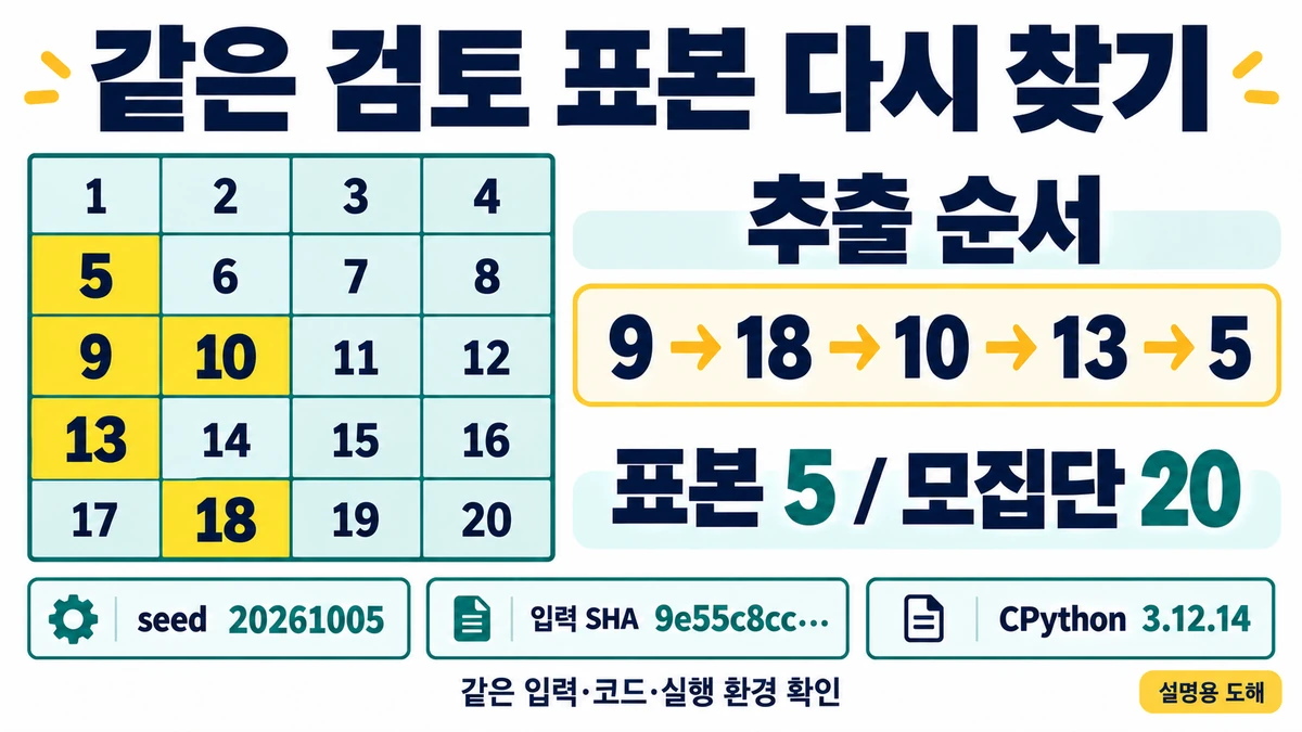 ID 1부터 20 중 9·18·10·13·5를 강조하고 seed와 입력 버전, Python 런타임 기록을 함께 보여주는 가상 표본 추출 도해