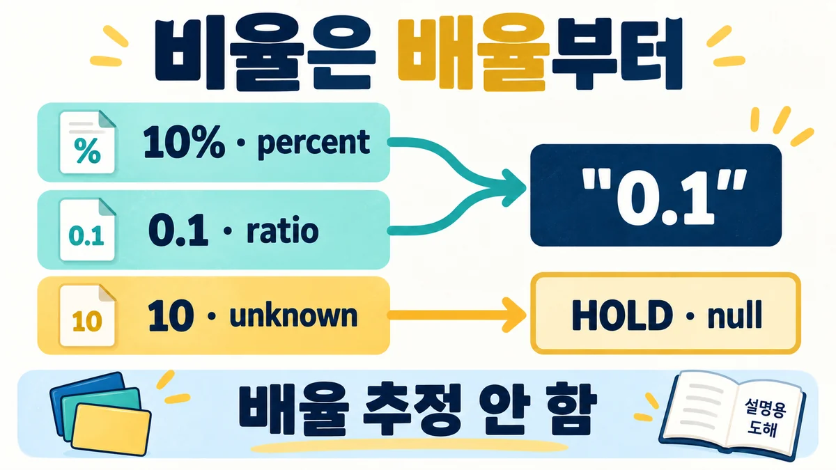 합성 입력 10%·percent와 0.1·ratio를 canonical_ratio의 십진 문자열 "0.1"로 변환하고 10·unknown은 HOLD·null로 보류하는 설명용 도해. 배율을 추정하지 않으며 실제 앱 실행 화면이 아닙니다.