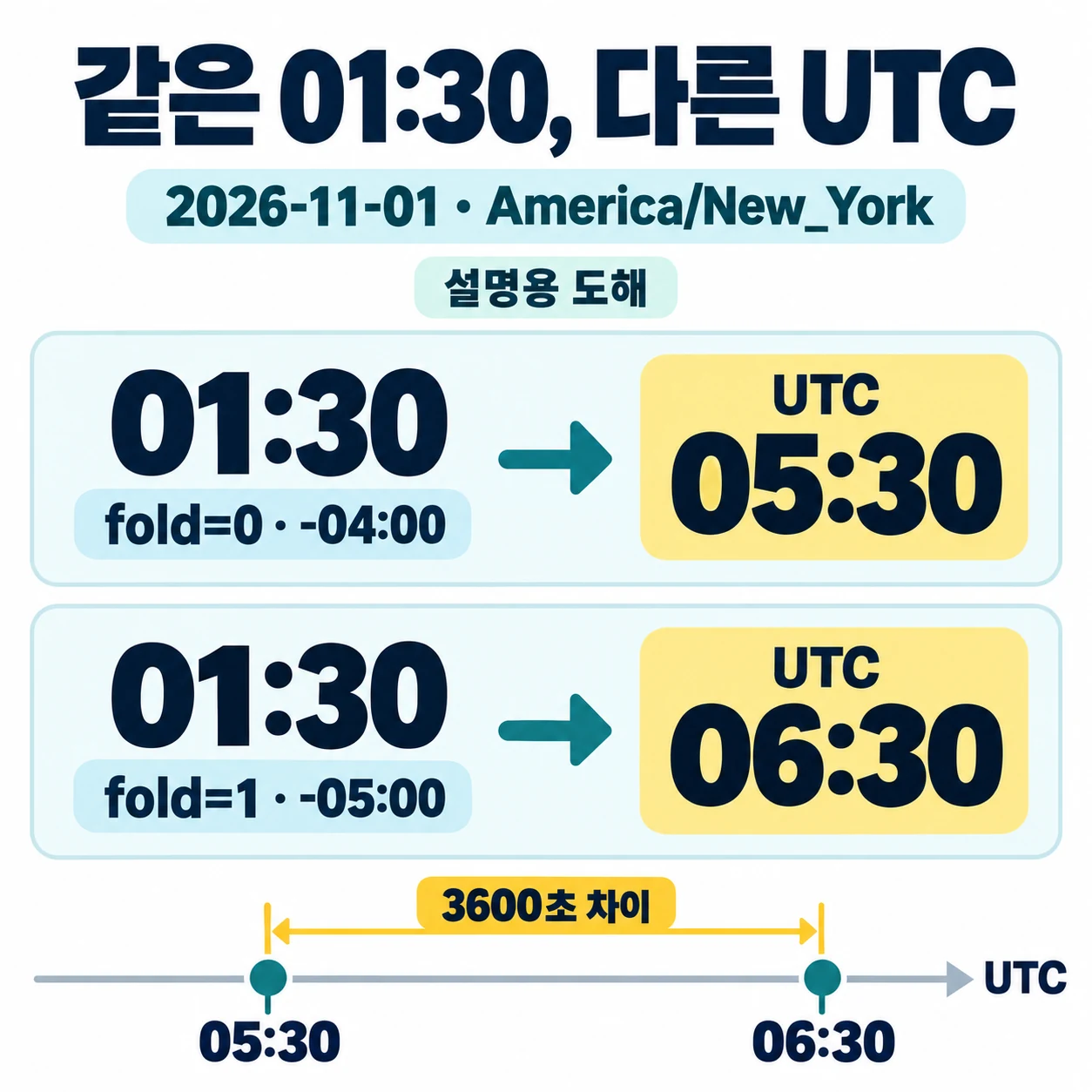 뉴욕의 같은 01:30을 fold 0과 1로 나누어 UTC 05:30과 06:30으로 표시한 도해