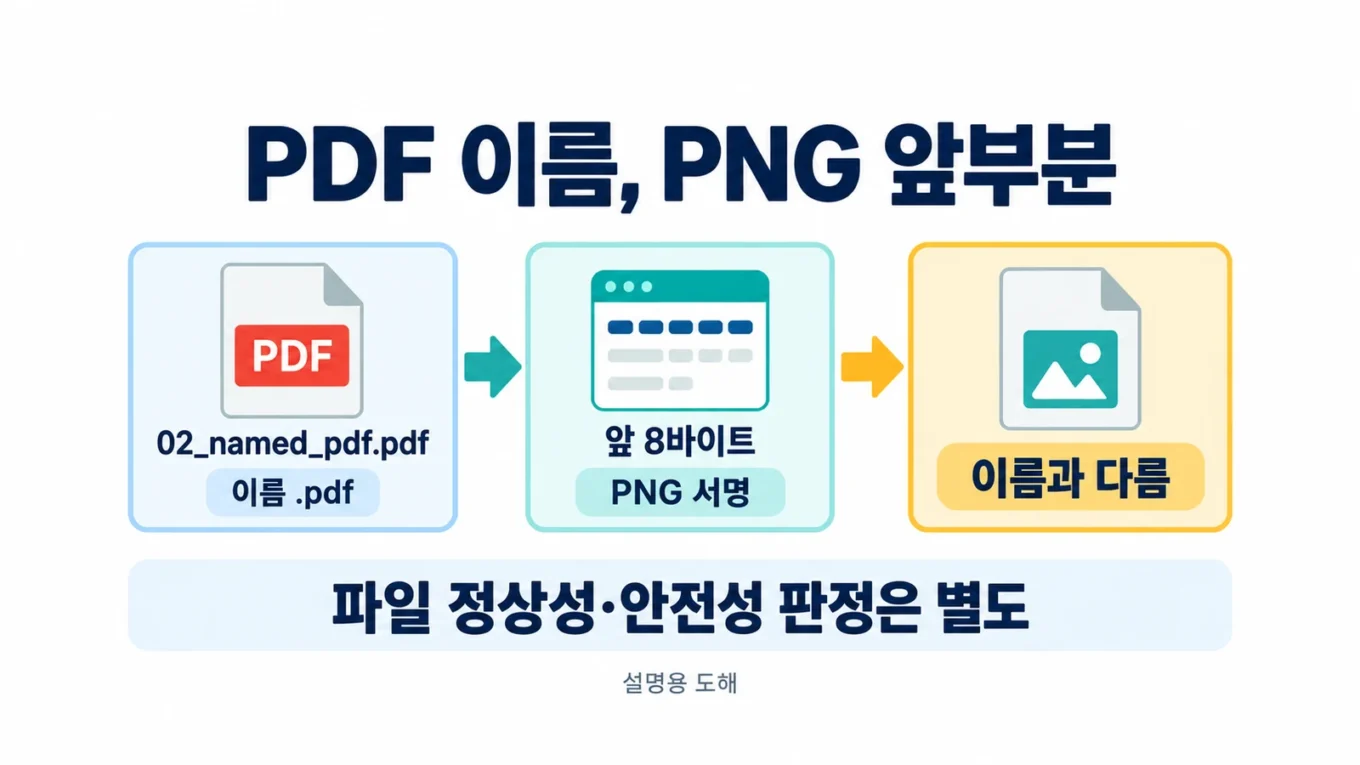 설명용 도해. 02_named_pdf.pdf라는 이름에서 앞 8바이트를 읽어 PNG 서명을 관측하면 이름과 다름으로 기록합니다. 파일 정상성과 안전성은 별도 검사입니다.