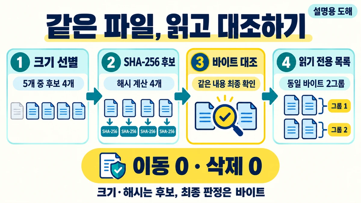 파일 크기 선별, SHA-256 후보, 바이트 대조를 거쳐 읽기 전용 목록을 만드는 네 단계 도해