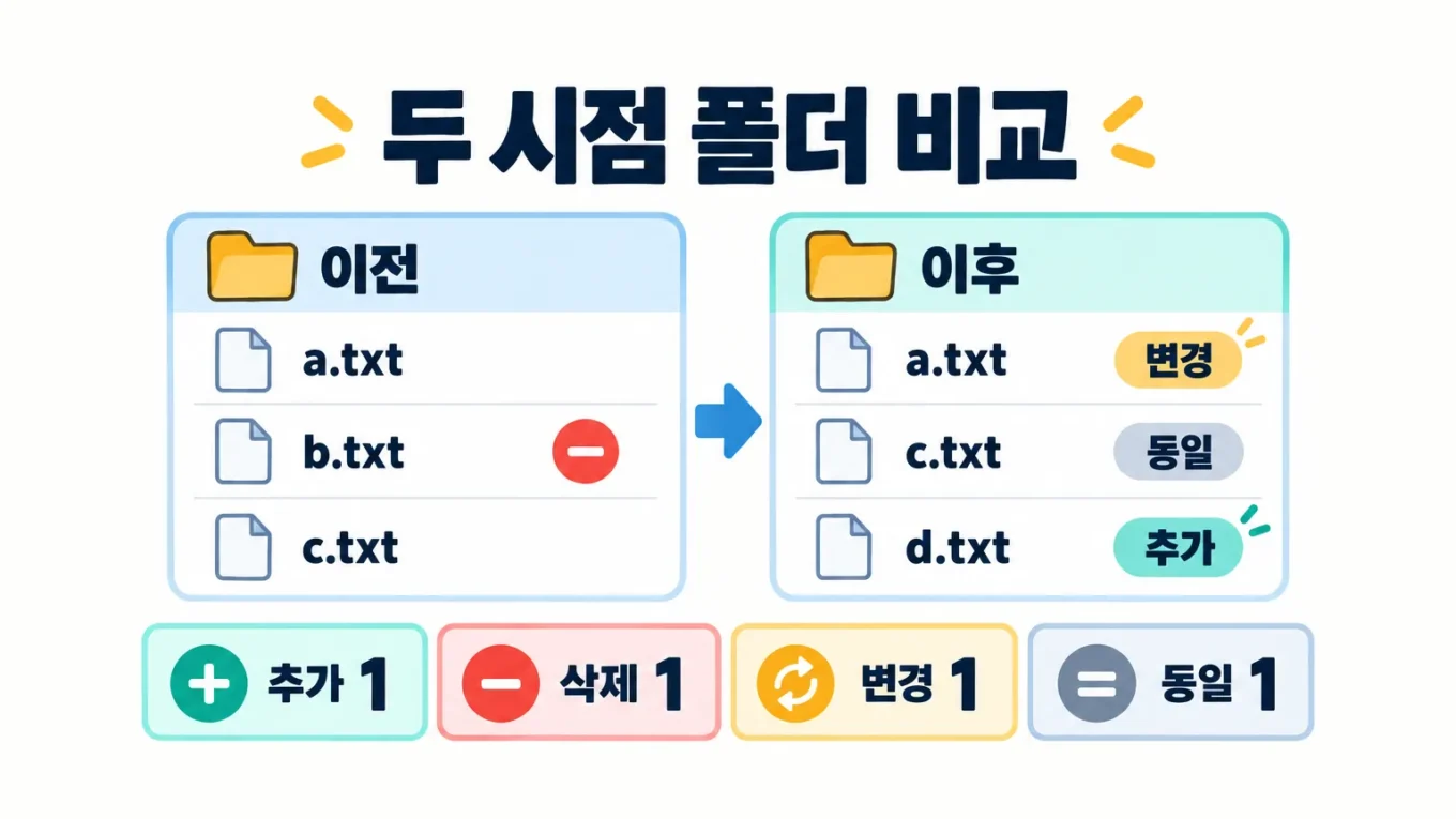 설명용 도해. 두 시점 폴더 목록에서 a.txt 변경, b.txt 삭제, c.txt 동일, d.txt 추가를 구별하고 추가·삭제·변경·동일을 각 한 건으로 집계한 대표 이미지