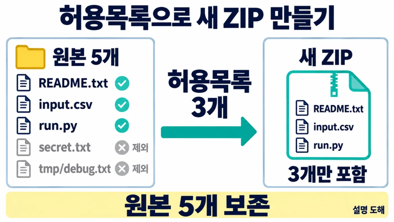 원본 폴더에서 허용목록의 세 파일만 골라 새 ZIP으로 만드는 흐름