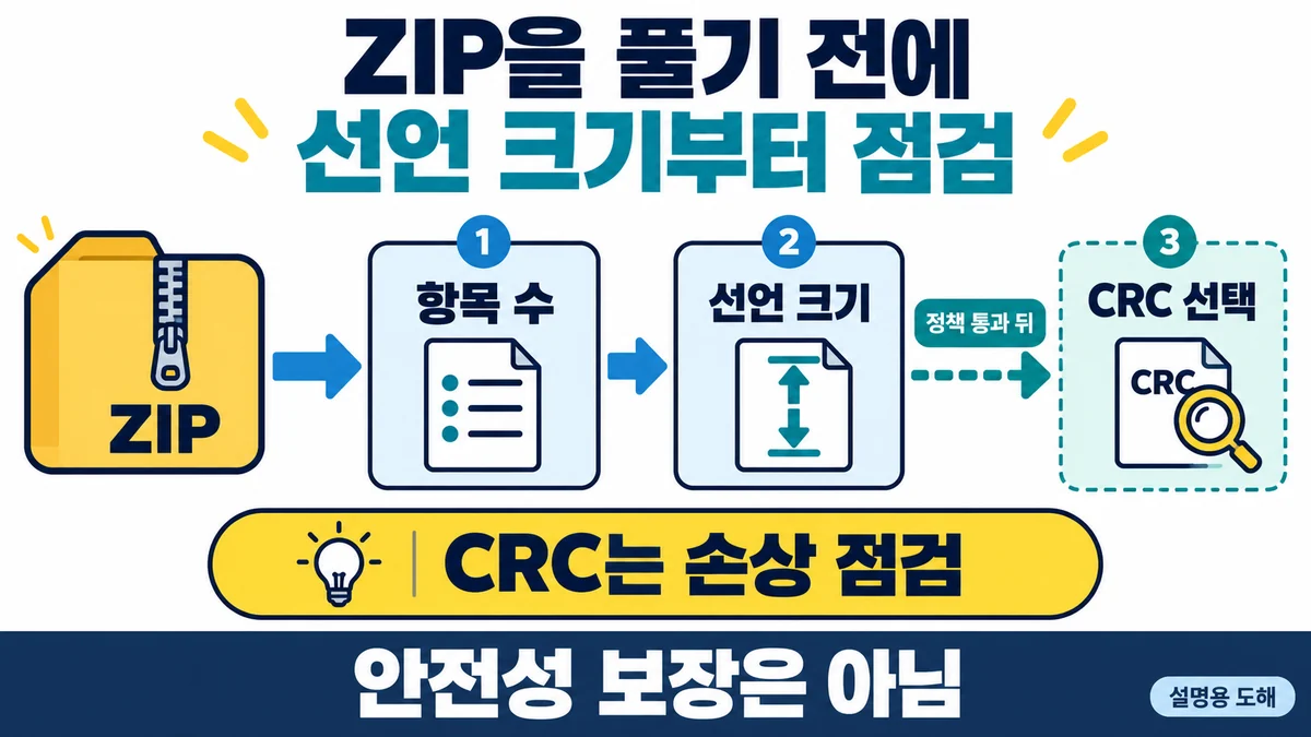 ZIP의 항목 수와 선언 크기를 먼저 점검하고 정책 통과 뒤에 선택 CRC를 읽으며 안전성 보장을 하지 않는 설명용 도해