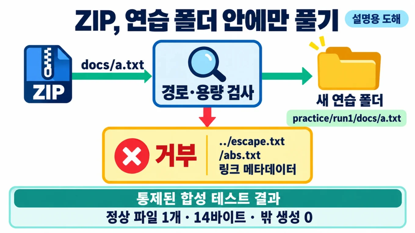 설명용 도해. ZIP 경로·용량을 검사해 정상 docs/a.txt 한 파일만 새 연습 폴더에 풀며 상위 경로·절대경로·링크 메타데이터를 거부하는 과정