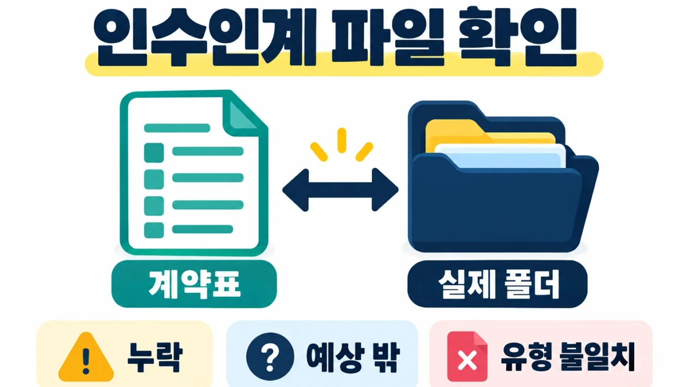 계약표와 실제 폴더를 대조해 누락, 예상 밖 항목, 유형 불일치를 확인하는 AI 설명 도해