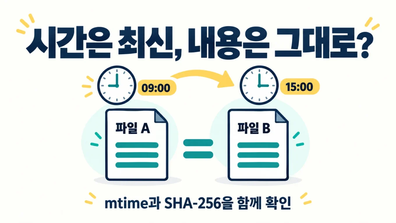 설명용 도해. 파일 A는 09:00, 파일 B는 15:00로 수정 시간이 달라도 문서의 바이트 내용은 같을 수 있음을 보여 줍니다. mtime과 SHA-256·바이트 비교는 별도 결과입니다.
