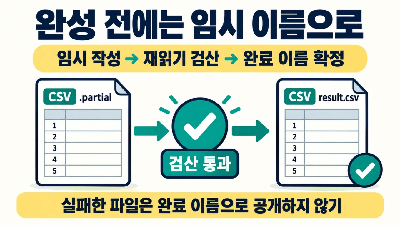 설명용 도해. 임시 CSV 파일에 5행을 작성한 뒤 재읽기 검산을 통과해야 result.csv라는 완료 이름으로 확정되는 흐름.