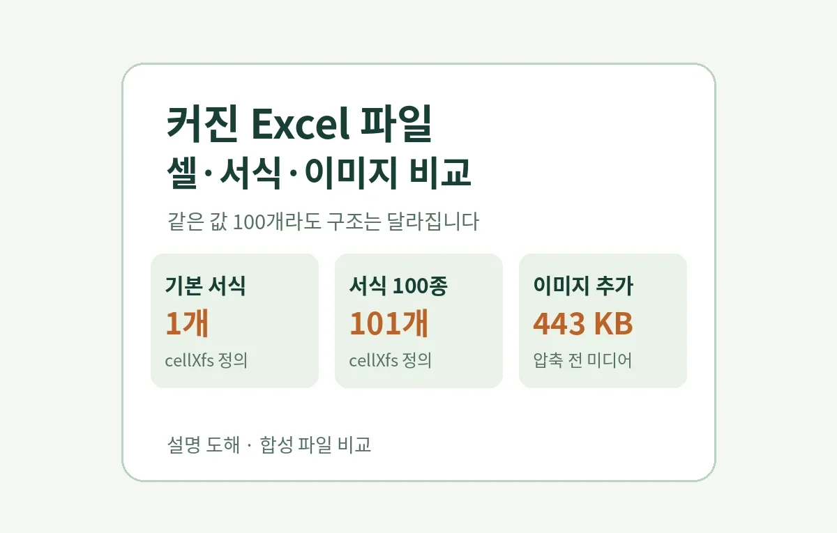 합성 Excel 파일에서 기본 서식 정의 1개, 서식 100종 정의 101개, 이미지 압축 전 443KB를 비교하는 설명 도해