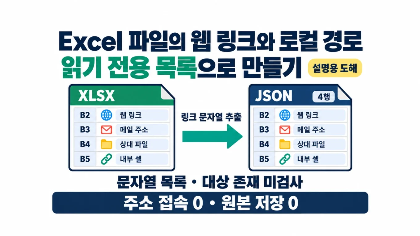 설명용 도해. 작은 합성 XLSX의 B2부터 B5까지 웹·메일·상대 파일·내부 셀 링크 문자열을 JSON 네 행으로 추출하며 주소 접속과 원본 저장을 하지 않는 과정