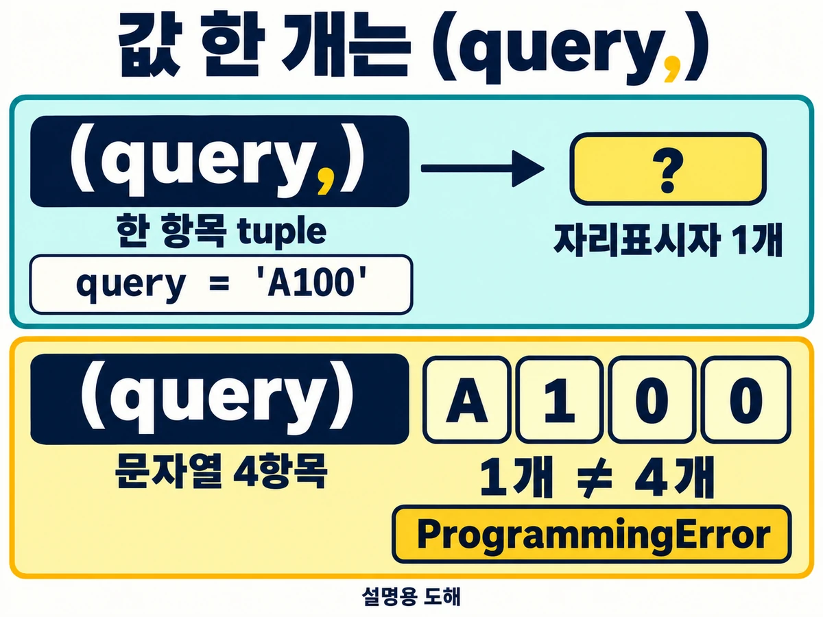 자리표시자 한 개에 한 항목 tuple인(query,)를 전달하며, A100을(query) 문자열로 직접 전달하면 네 문자 항목이 되어 ProgrammingError가 발생하는 설명 도해