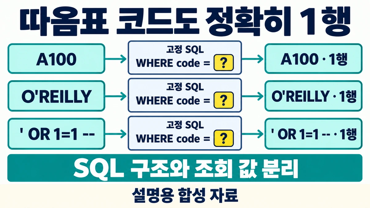 고정 WHERE code = ?에 A100, O'REILLY, ' OR 1=1 --를 각각 별개 매개변수로 전달하여 같은 코드 한 행만 얻는 설명 도해