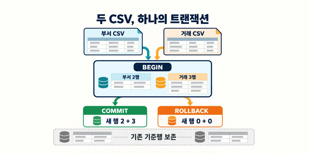 부서와 거래 CSV를 하나의 트랜잭션에 넣고 성공 추가2·3행과 롤백 추가0·0행을 나누는 대표 도해