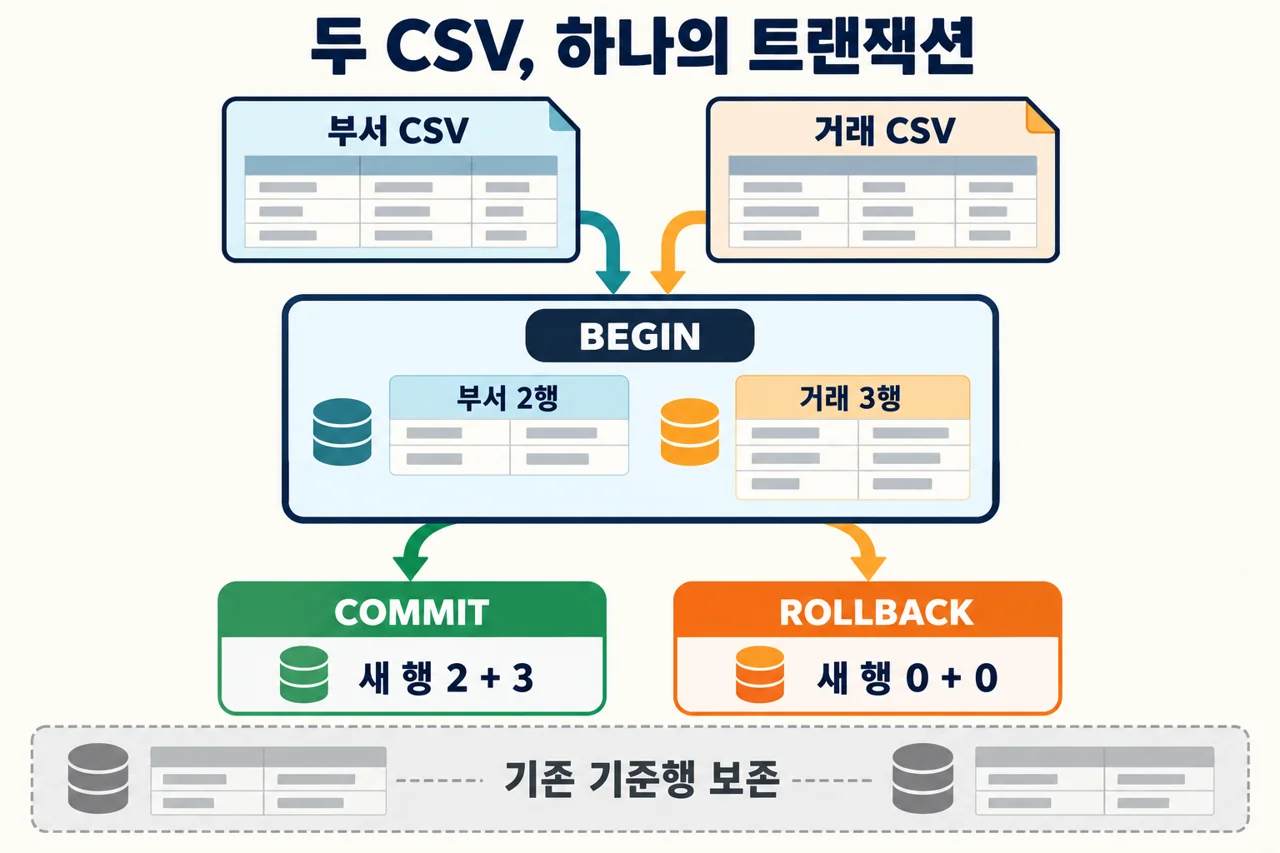 부서와 거래 CSV를 한 BEGIN 범위에 넣고 성공 시 새 행 2와 3, 실패 시 새 행 0과 0을 남기며 기존 기준행은 보존하는 도해