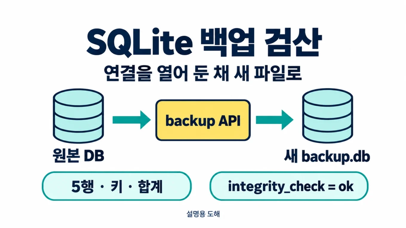열어 둔 원본 SQLite 연결을 backup API로 새 backup.db에 복사하고 5행·키·합계와 integrity_check 결과를 검산하는 설명용 도해