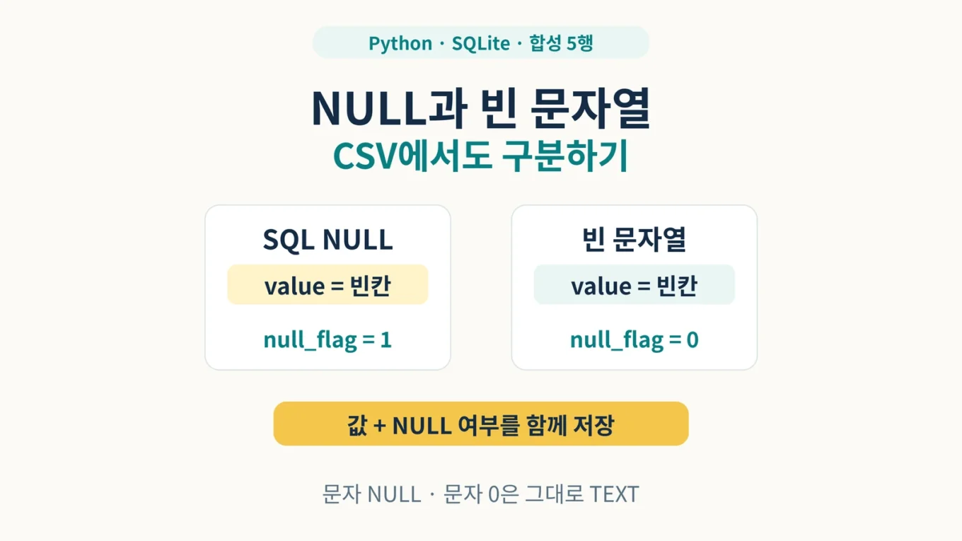 CSV의 value는 둘 다 빈칸이어도 SQL NULL은 null_flag 1, 빈 문자열은 null_flag 0으로 구분하는 설명용 도해.