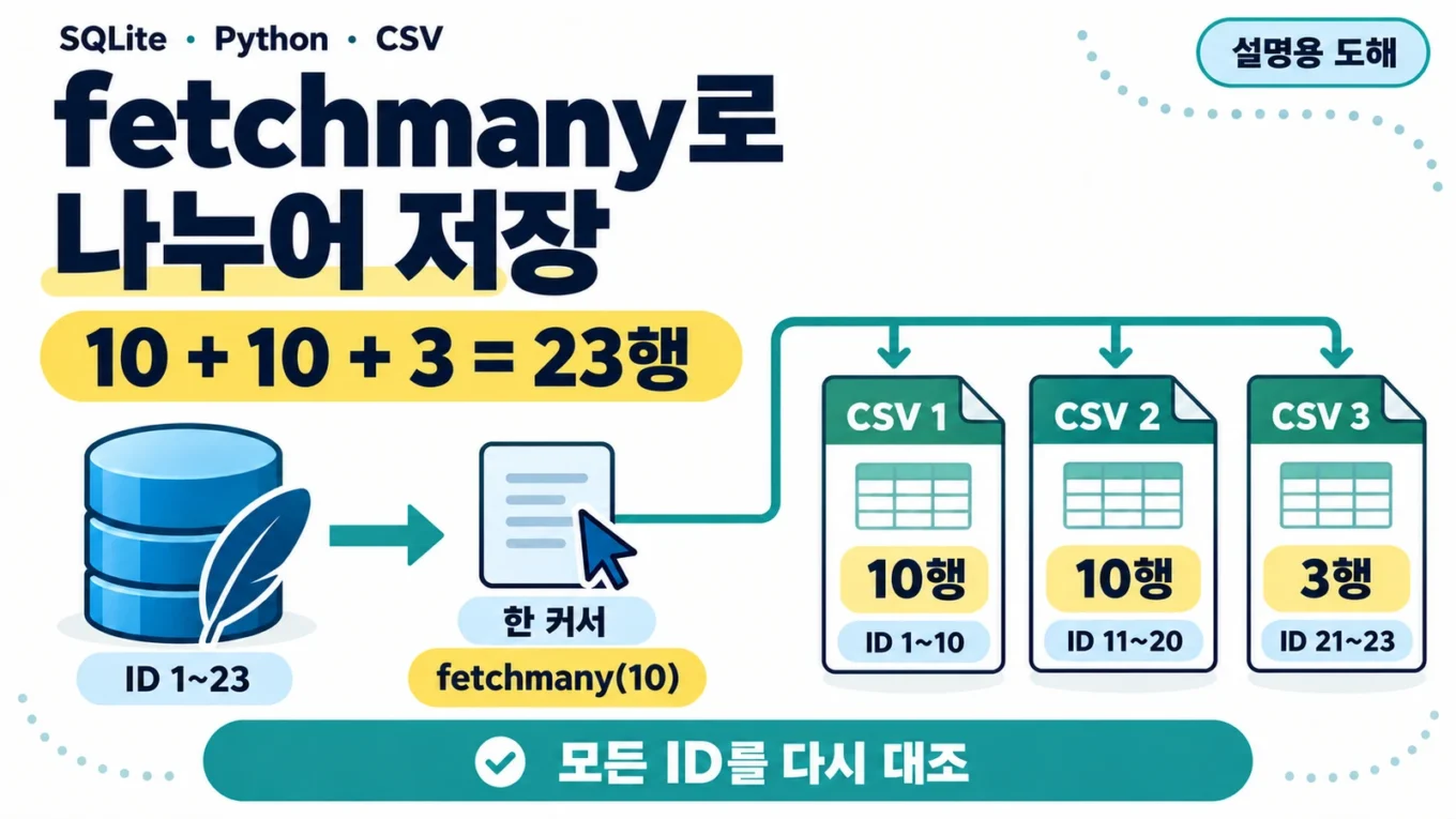SQLite의 ID 1~23을 한 커서에서 fetchmany(10)으로 읽어 CSV 1에 ID 1~10 10행, CSV 2에 ID 11~20 10행, CSV 3에 ID 21~23 3행을 저장하고 모든 ID를 다시 대조하는 설명용 도해.