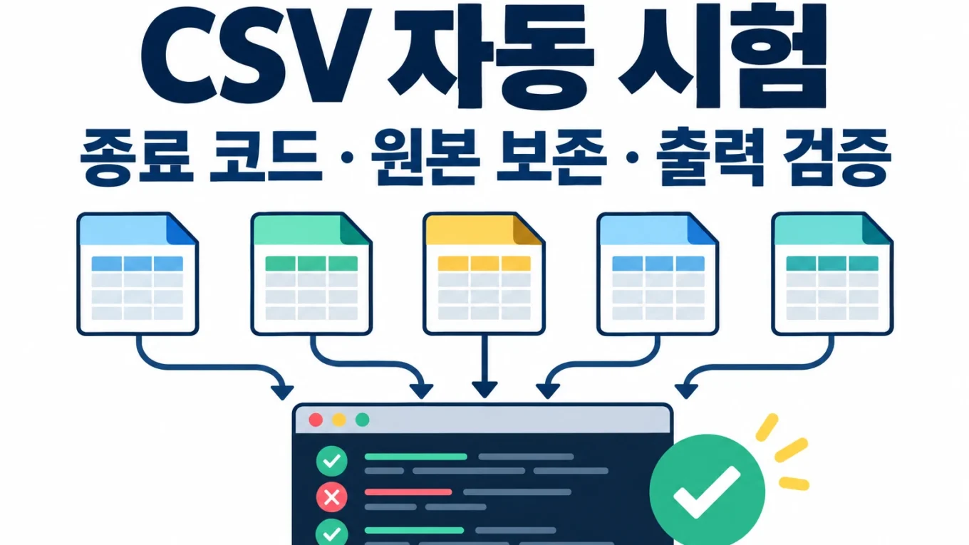 다섯 개의 CSV 시험 입력 카드를 터미널 자동 시험으로 확인하는 그림. CSV 자동 시험이라는 제목 아래 종료 코드, 원본 보존, 출력 검증을 강조한다.