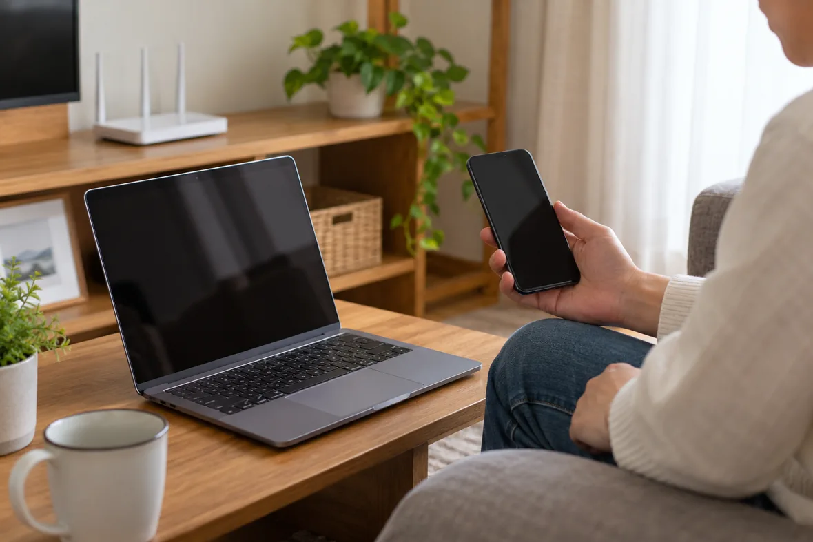 노트북과 휴대전화를 나란히 두고 같은 Wi-Fi 기기 비교를 준비하는 AI 연출 사진
