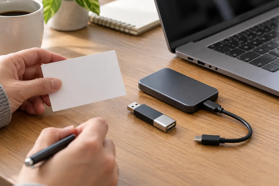 USB 메모리와 외장 SSD를 노트북 옆에 두고 연결 경로 기록을 준비하는 AI 연출 사진