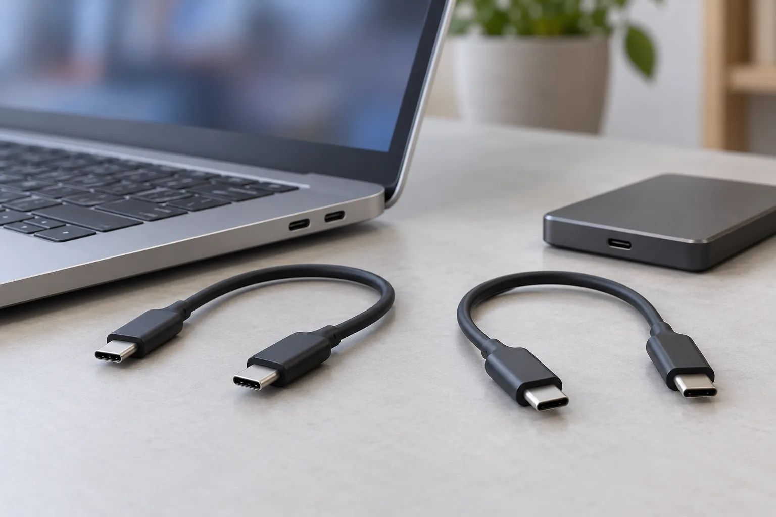 노트북 USB-C 포트 앞에 분리된 케이블 두 개와 외장 저장장치를 놓은 AI 연출 사진