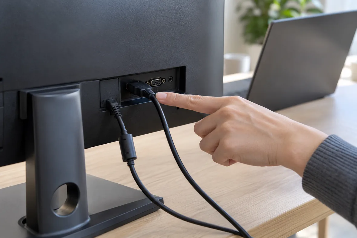 외부 모니터 뒷면의 HDMI 케이블 연결을 가리키며 확인하는 AI 연출 사진