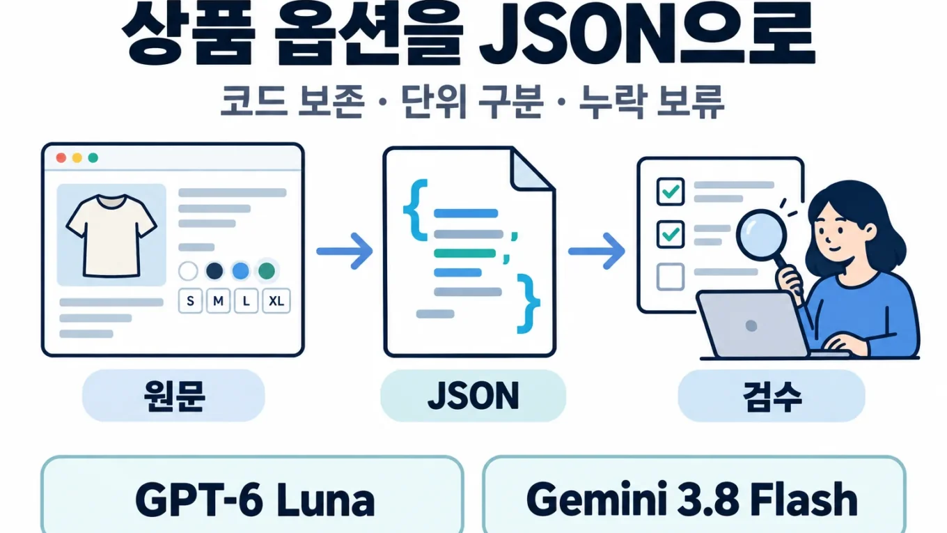 상품 옵션을 JSON으로 구조화한 뒤 검수하는 원문·JSON·검수 흐름과 GPT-6 Luna, Gemini 3.8 Flash 모델명을 보여주는 도해