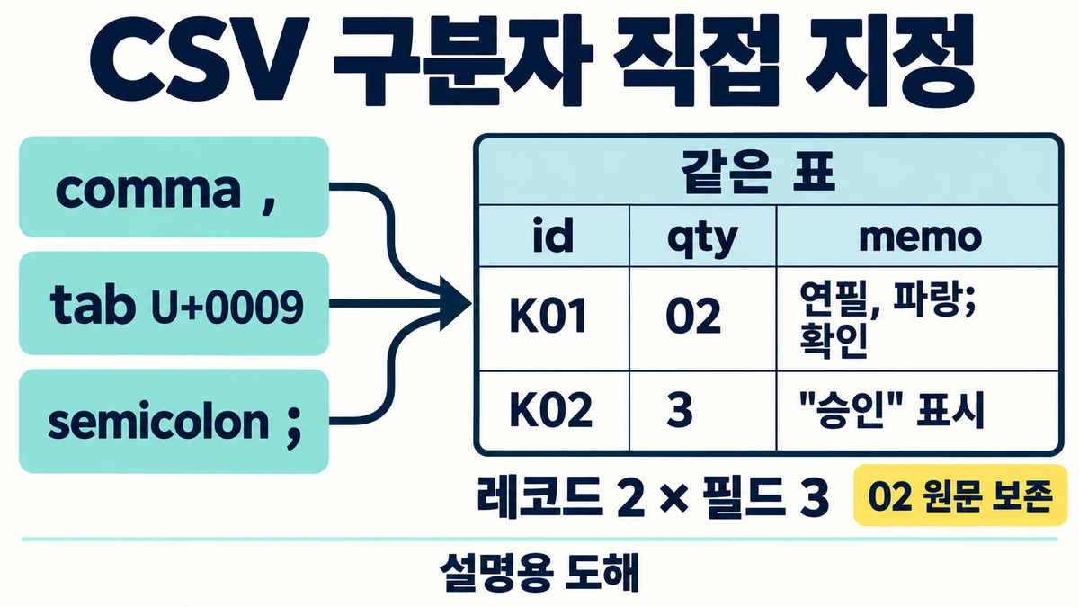 쉼표·탭·세미콜론 입력을 각각 명시해 K01과 K02의 같은 두 레코드와 세 필드를 읽는 설명 도해