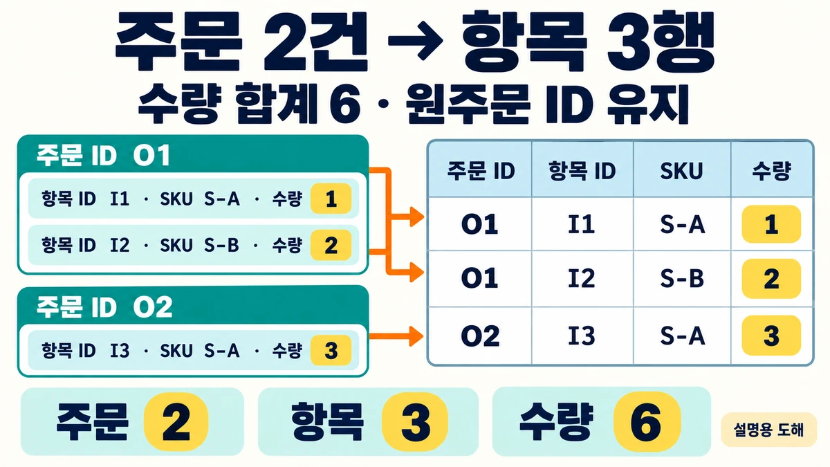 가상 주문 O1의 항목 두 개와 O2의 항목 한 개를 원주문 ID를 유지한 CSV 세 행으로 펼치며 수량 1·2·3의 합계 6을 확인하는 도해