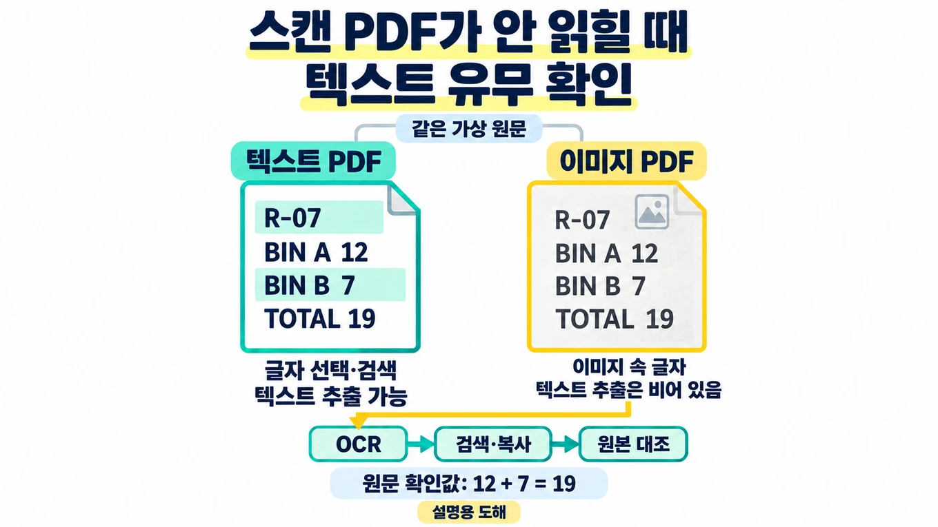 AI에 PDF를 보내기 전 텍스트 선택과 검색으로 스캔 문서 여부를 확인하는 설명용 도해