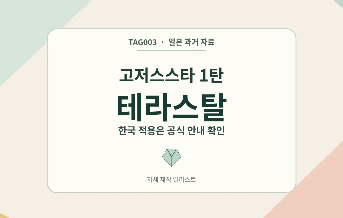 일본 메자스타 테라스탈 자료를 한국 공식 지원 안내와 구분해 읽는 자체 제작 안내 이미지. 실제 태그나 게임 화면이 아닌 일러스트입니다.