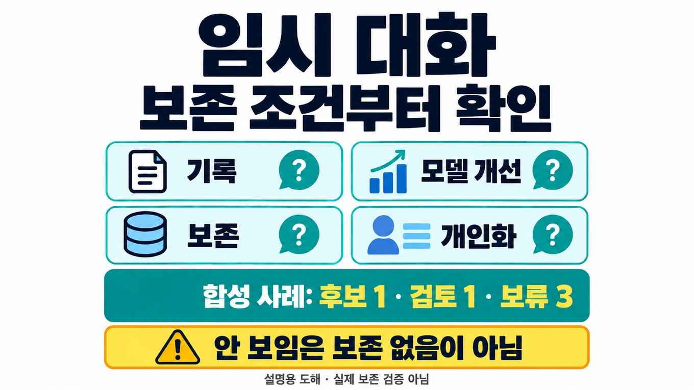 임시 대화의 기록·모델 개선·보존·개인화 조건을 확인하고 합성 사례의 후보 한 건·검토 한 건·보류 세 건을 보여 주는 설명용 도해