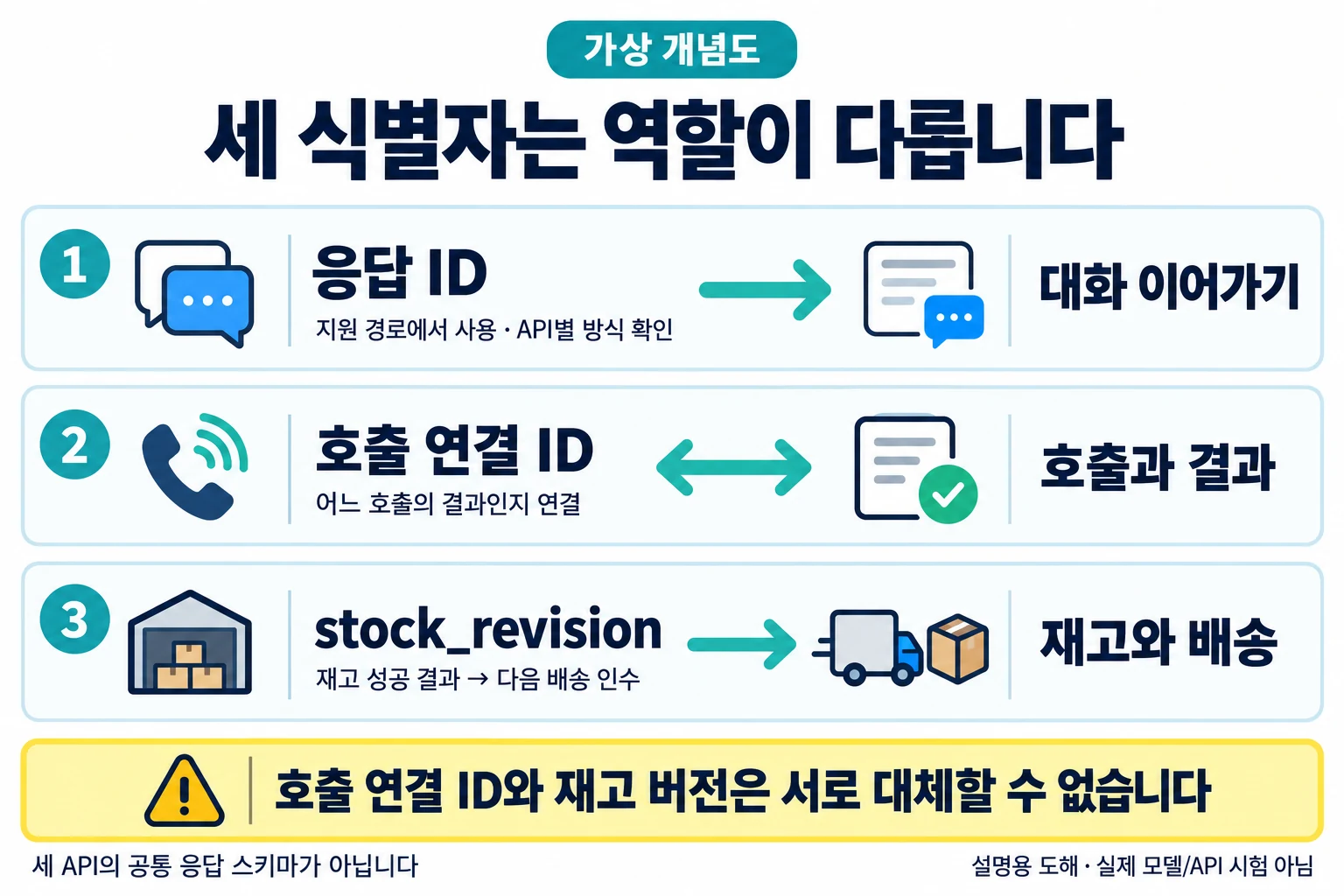 응답 ID는 대화 이어가기, 호출 연결 ID는 도구 호출과 결과, stock_revision은 재고와 배송의 업무 연결에 사용하는 세 가지 식별자 구분