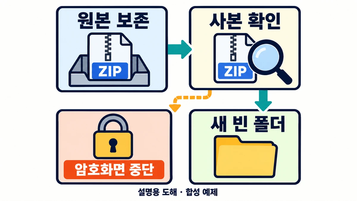 원본 압축 파일을 보존하고 사본을 확인해 새 빈 폴더로 진행하되 암호화 안내가 나오면 멈추는 설명용 도해입니다.
