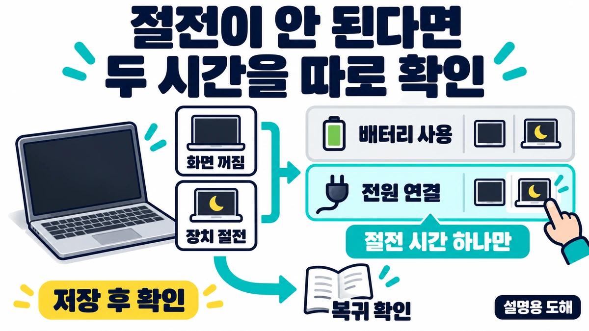 화면 꺼짐과 장치 절전을 분리하고 현재 전원 조건의 절전 시간 하나만 확인한 뒤 복귀를 확인하는 설명용 도해