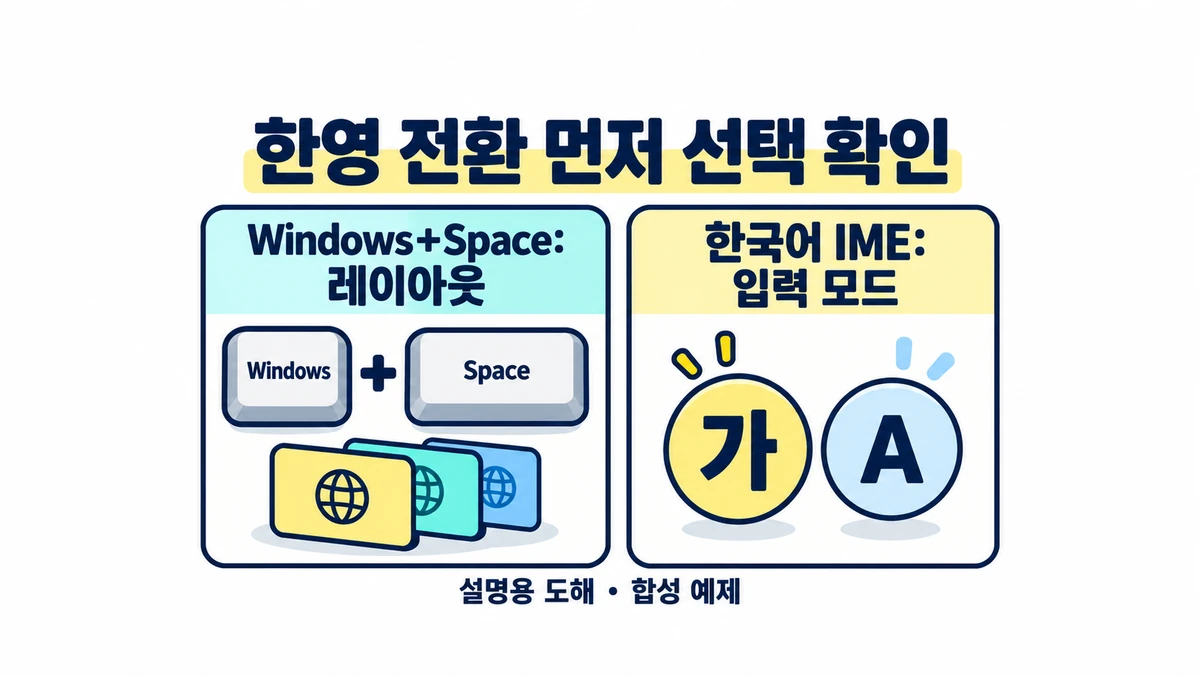 Windows+Space로 고르는 레이아웃과 한국어 IME의 입력 모드를 구분해 확인하도록 안내하는 설명용 합성 도해입니다.