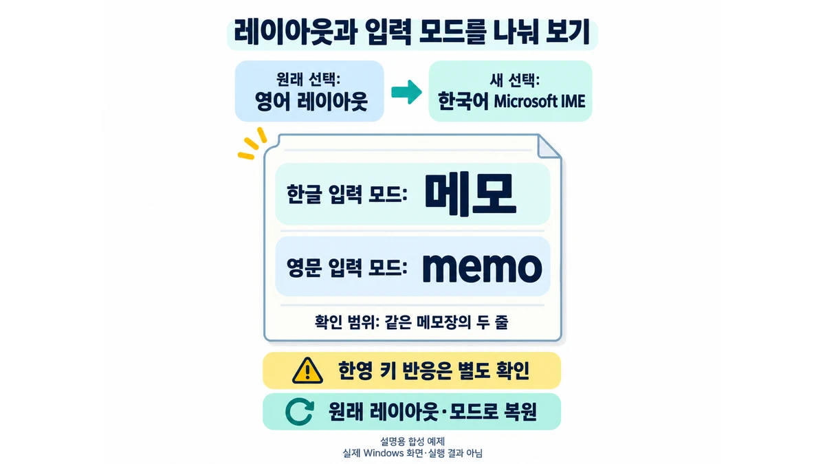 한영 전환이 안 될 때 입력 언어와 키보드 선택 확인하기 2 영어 레이아웃에서 한국어 Microsoft IME를 선택한 뒤 같은 메모장에 한글 메모와 영문 memo를 입력하는 가상 예제를 보여주는 도해입니다.