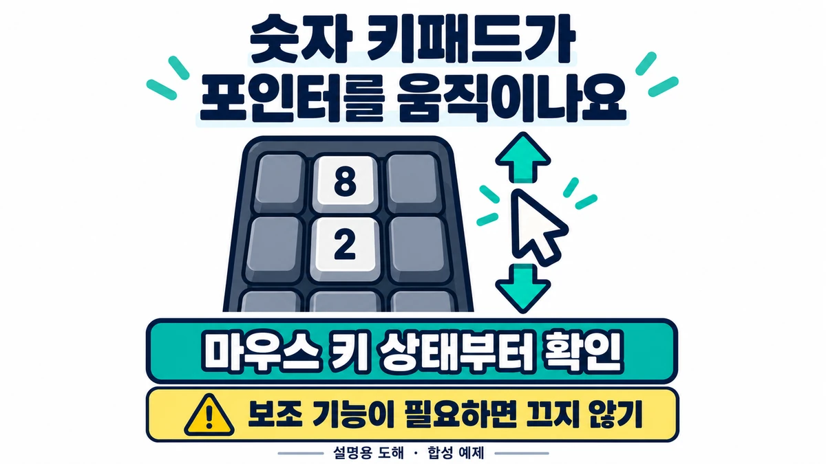 숫자 키패드가 포인터를 움직일 때 마우스 키 상태와 보조 기능 필요 여부부터 확인하도록 안내하는 설명용 합성 도해입니다.