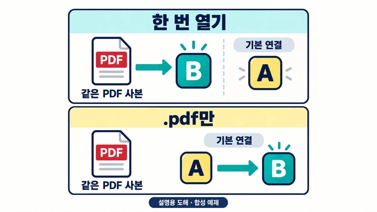 같은 PDF 사본을 가상 앱 B에서 한 번 여는 것과 .pdf 기본 연결을 A에서 B로 바꾸는 것을 구분한 설명용 도해입니다.
