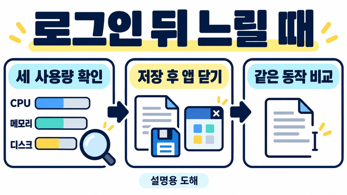 CPU 메모리 디스크 사용량을 따로 읽고 저장한 불필요한 앱 하나를 정상 종료해 같은 문서 동작을 비교하는 개념도