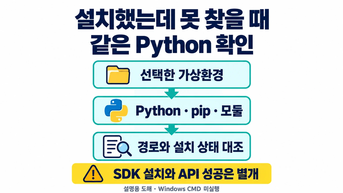 선택한 가상환경의 Python·pip·모듈 경로와 설치 상태를 대조하는 설명용 도해