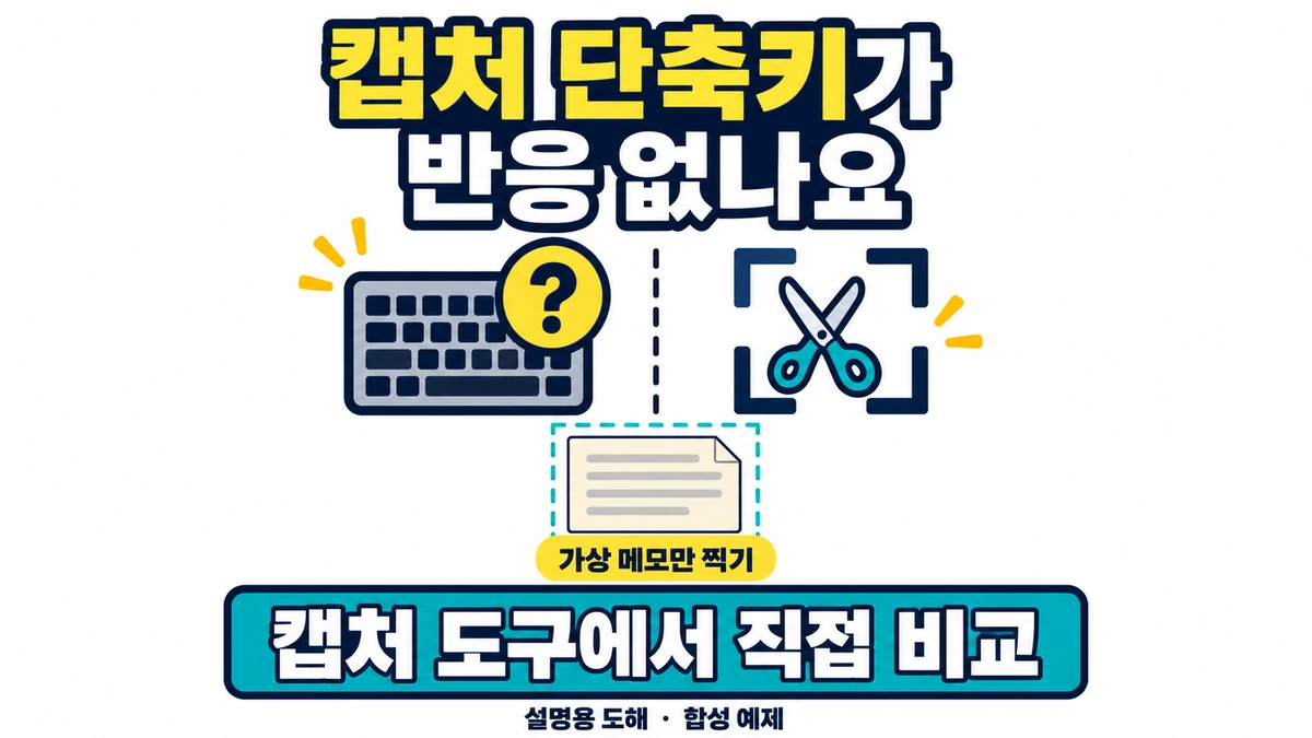 화면 캡처 단축키가 반응하지 않을 때 가상 메모만 준비해 캡처 도구의 직접 경로와 비교하도록 안내하는 설명용 합성 도해입니다.