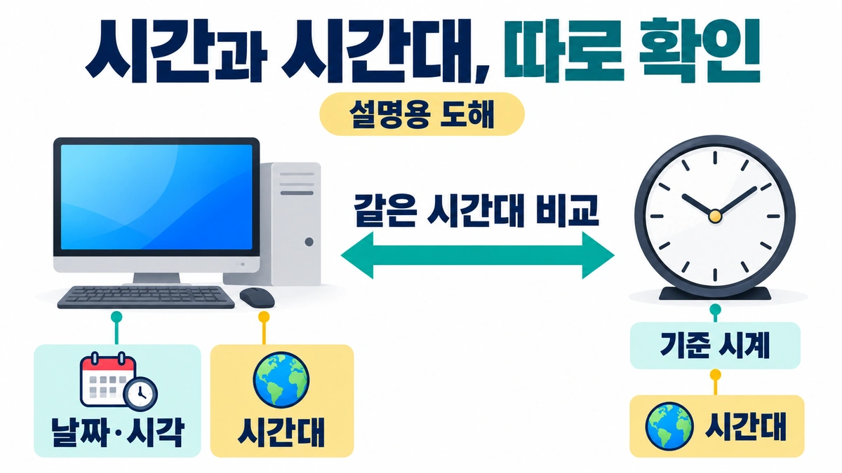 PC의 날짜와 시각을 시간대와 따로 읽고 같은 시간대의 기준 시계와 비교하는 개념도