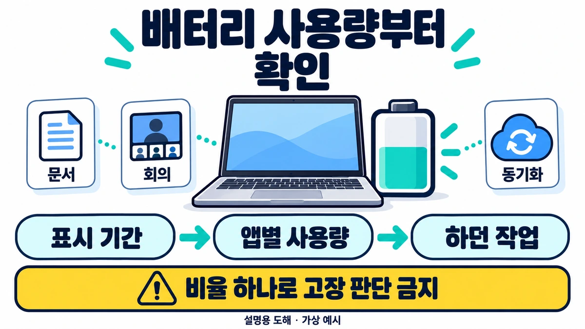 노트북과 문서 회의 동기화 아이콘으로 표시 기간과 앱별 배터리 사용량을 실제 작업과 연결해 읽는 설명용 도해