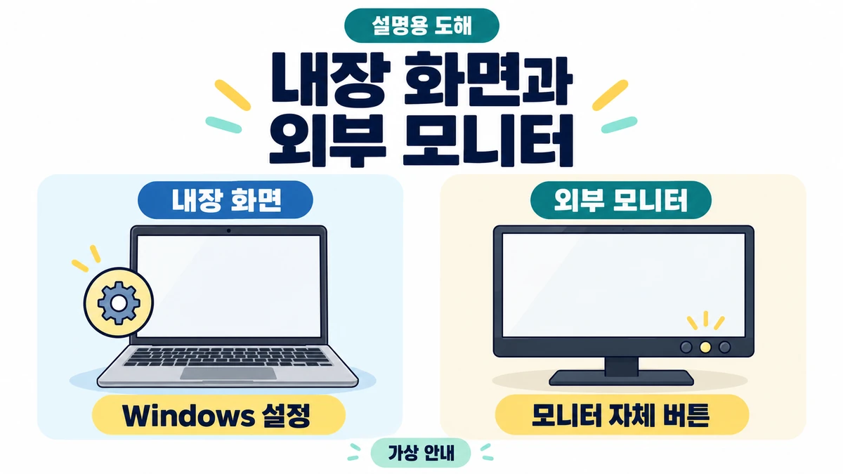 내장 화면의 Windows 밝기와 외부 모니터 자체 버튼을 구분하는 가상 안내 그림