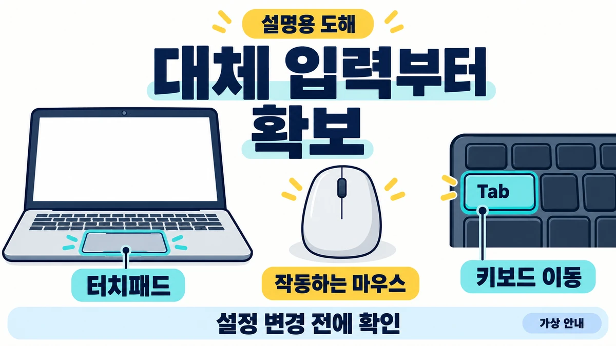 터치패드 점검 전에 마우스와 키보드 입력을 확보하는 가상 안내 그림