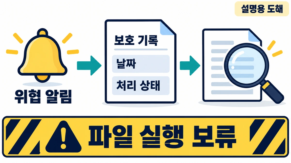 설명용 도해: 위협 알림에서 보호 기록의 날짜와 처리 상태를 확인하는 순서를 나타낸 도해